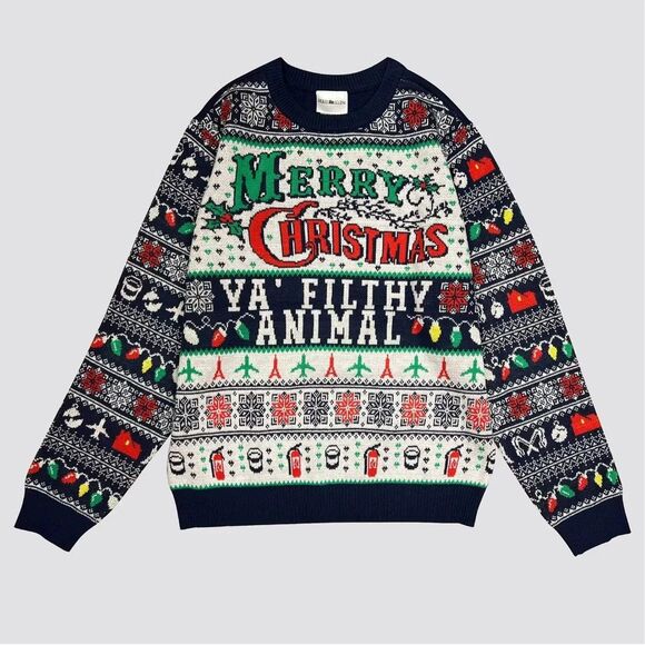 Men's Home Alone Filthy Animal Crewneck Pullover Ugly Sweater Blue L NWT - Picture 1 of 3